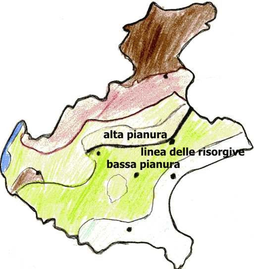 disegno della cartina del Veneto con l'alta e la bassa pianura