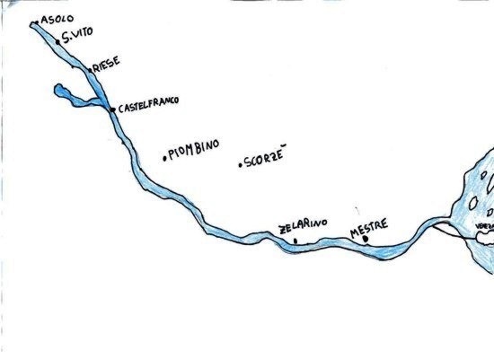 disegno della mappa del corso del Marzenego dalla sorgente alla foce
